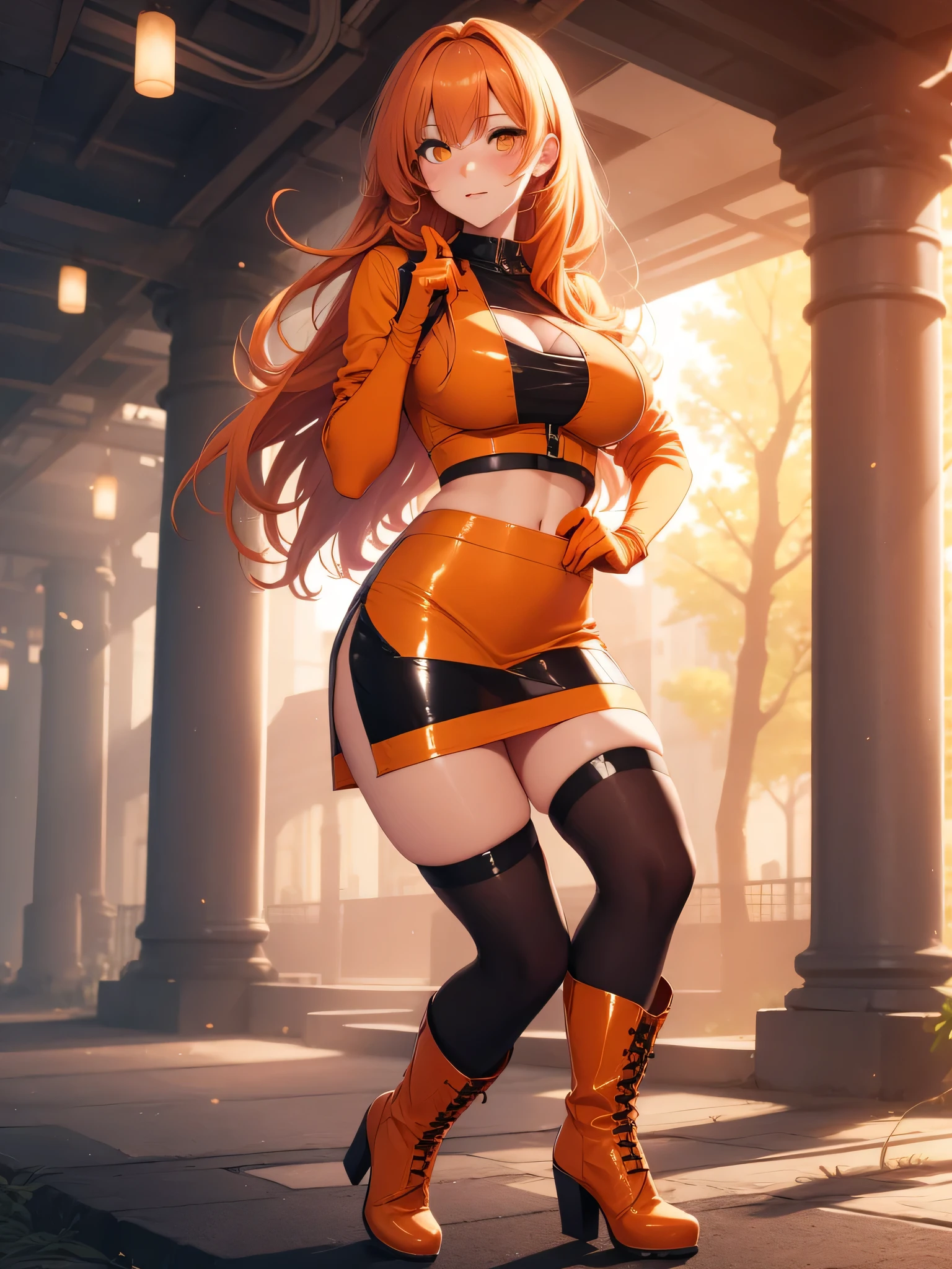 Full body, beatiful orange eyes, blush, cute face, realistic, 8k, best quality, masterpiece, high resloution, (1 cute woman, solo: 1.1), very big breasts, long orange hair, shiny orange crop top, shiny orange skirt, shiny orange gloves, shiny orange heel boots