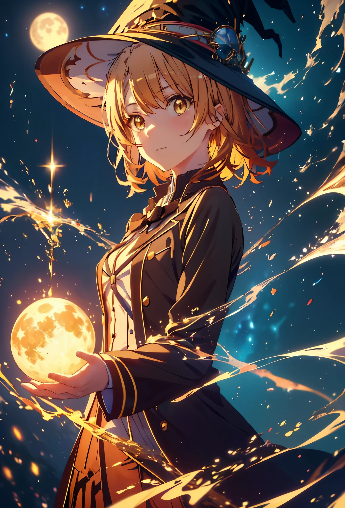 Irohaisshiki, isshiki iroha, short hair, Brown Hair, (Brown eyes:1.5), smile,((Night Sky)),((Big full moon)),((Sparkling and colorful stars)),Fluffy hair,((Idol style costume with soft volume)),Long skirt,((gorgeous wizard hat)),((witch)),(magic wand with a jewel on the tip),Explosive Flame,
break outdoors, forest,forest
break looking at viewer,Upper Body,
break (masterpiece:1.2), Highest quality, High resolution, unity 8k wallpaper, (shape:0.8), (Narrow and beautiful eyes:1.6), Highly detailed face, Perfect lighting, Extremely detailed CG, (Perfect hands, Perfect Anatomy),