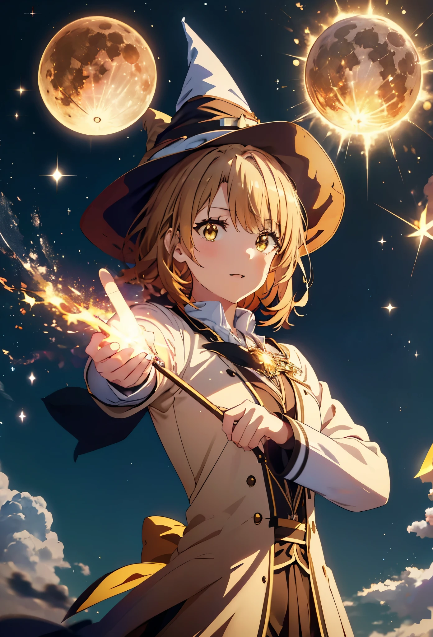 Irohaisshiki, isshiki iroha, short hair, Brown Hair, (Brown eyes:1.5), smile,((Night Sky)),((Big full moon)),((Sparkling and colorful stars)),Fluffy hair,((Idol style costume with soft volume)),Long skirt,((gorgeous wizard hat)),((witch)),(magic wand with a jewel on the tip),Explosive Flame,
break outdoors, forest,forest
break looking at viewer,Upper Body,
break (masterpiece:1.2), Highest quality, High resolution, unity 8k wallpaper, (shape:0.8), (Narrow and beautiful eyes:1.6), Highly detailed face, Perfect lighting, Extremely detailed CG, (Perfect hands, Perfect Anatomy),