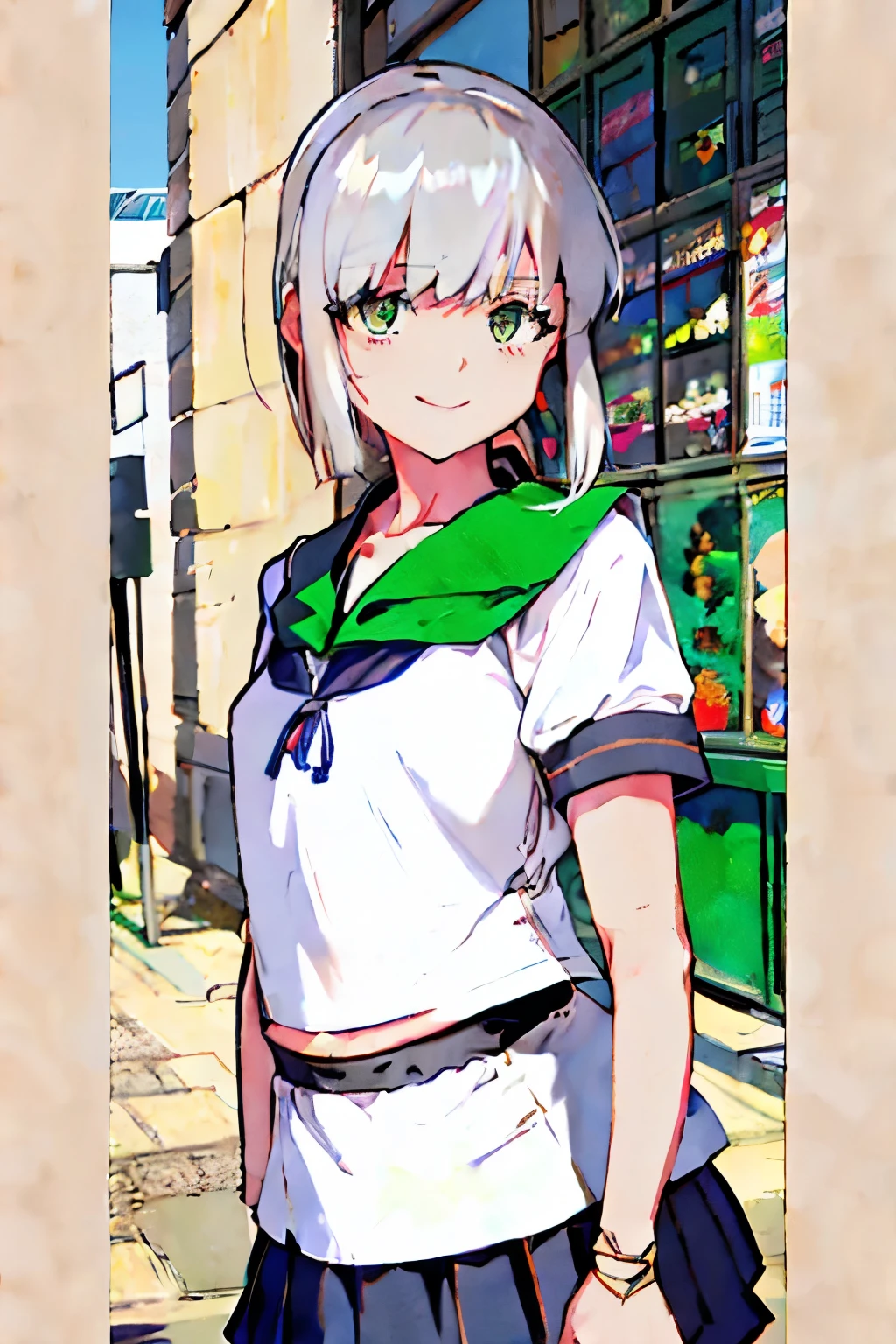 best green eyes,belly button,belly, (masterpiece, best quality:1.2),illustration,8k,hd,1girl,solo,upper body,(portrait:1.2),black_hair,short_ponytail,white serafuku,sidelocks,low_ponytail,green_eyes,smile,black_eyes,school_uniform,pleated_skirt,skirt,
