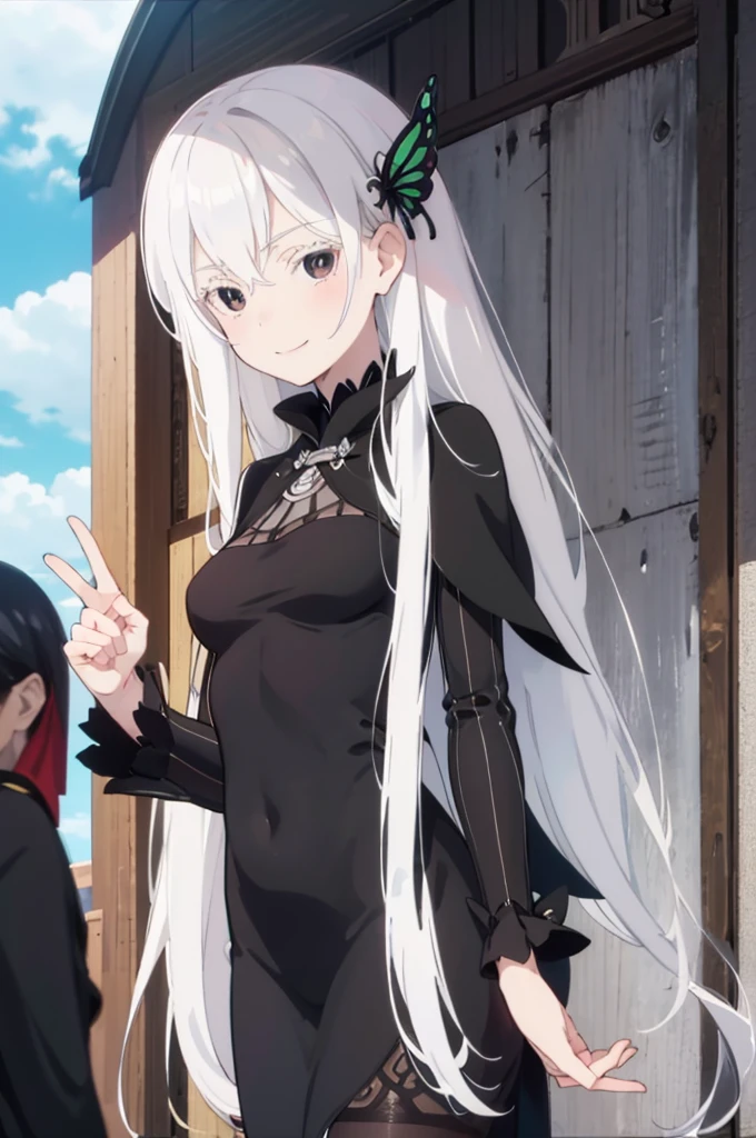 masterpiece, best quality, high resolution, best illustration, super fine illustration, (official art:1.2), anime screencap, (detailed beautiful face and eyes), anime keyvisual, (perfect anatomy:1.5), 8k portrait, (detail focus fingers:1.5), 
1girl,
Echidna, 
Echidna \(re:zero\),
long hair, 
white hair, 
(black eyes:1.2), 
butterfly hair ornament, 
small breasts, 
long black dress, black cape, 
looking at viewer, 
cowboy shot, 
natural light, standing, smile, 