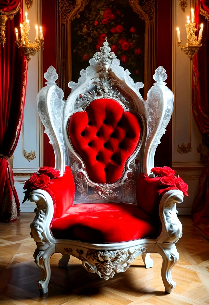 Checkmate,a majestic renaissance palace, a luxurious queen's throne chair, grand and spacious, french rococo style, red roses