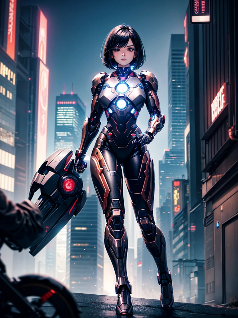Highest quality,Highest Resolution,beautiful girl,Black Iron Man-like android,metallic,Mechanic,cyborg,Future city at night,Short black hair,whole body,Ride on a futuristic machine and drive,Move,