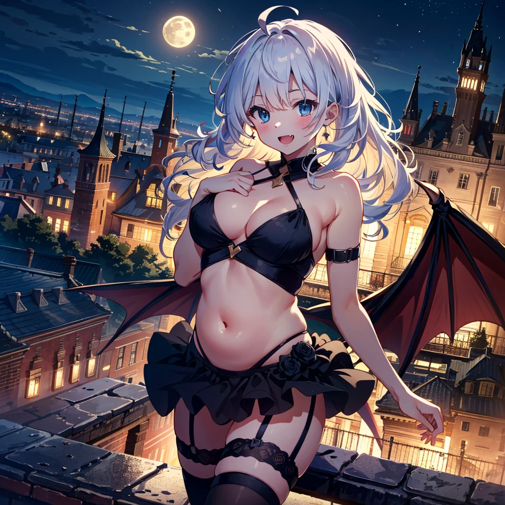 ((Masterpiece, highest quality, 8K))), high-definition background, bright and beautiful atmosphere, score_9, score_8_up, score_7_up, source_anime, masterpiece, highest quality, high resolution, absurdity, aerial photography, flying, one girl, Solo, medium breasts, ahoge, various hair colors, puffy hair, side locks, (heterochromia), very flashy dress (belly button visible), bare shoulders, vampire, smile, open mouth, fangs, garter strap, Skin dent, bat wings, outdoor, night, moon, castle, cowboy shot, various angles,