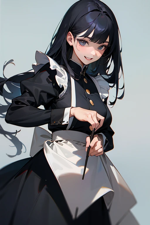(Highest Resolution, clear_image) Highest quality, One woman, alone, masterpiece, Very detailed, Semi-realistic, Black Hairのショートヘア, Black Hair, bangs, 18-year-old, mature, light blue uniform, uniform, 私ndoor Background, kind, Authoritative, Powerful, exquisite features, exquisite features、Eyelashes become longer、Showing teeth、smile😀、Maid clothes、woman'Fingers in the、Sleeping on the sofa、Long Hair、Fluttering in the wind、Navy blue clothes、Long Hair、During meals、