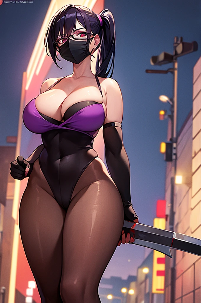 masterpiece,Big Breasts,beauty,Purple glasses,Black Hair,Side Ponytail,Blood splatter,mask,wielding an ax,Standing under a streetlight,night