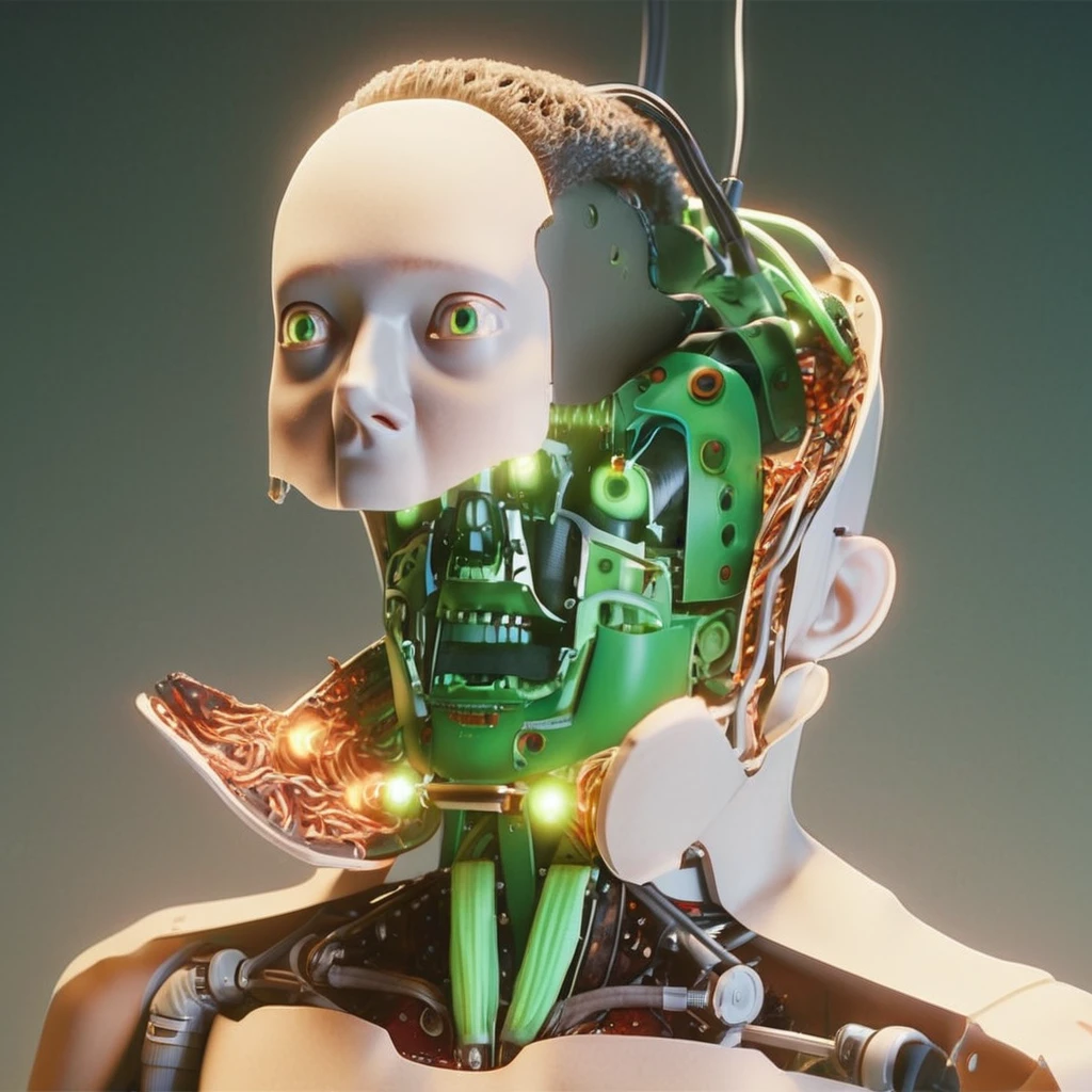 1 mechanical boy, (male), mullet haircut, blonde hair, green eyes, blonde, (24 age), mechanical green cables arms outstretched, ((ultra realistic details)), global illumination, shadows, octane render, 8k, ultra sharp, metal, intricate, ornaments detailed, highly intricate details, realistic light, glowing eyes, neon details, mechanical limbs, blood vessels connected to tubes, mechanical cervical attaching to neck, wires and cables connecting to head