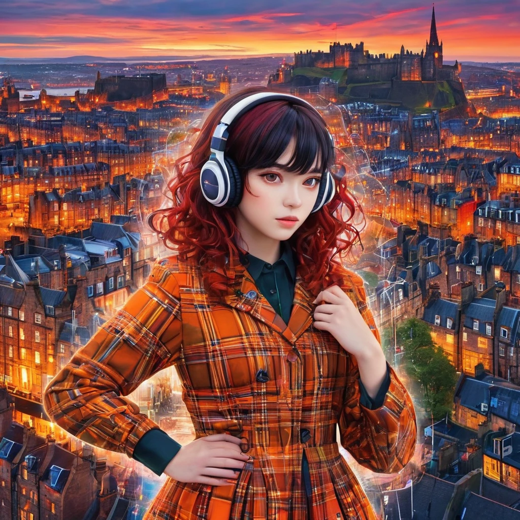 1 girl, (detailed brown eyes, jet-black hair,colored inner orange ombre hair multicolored hair):1.21, curly, flinching hair, headphone, whole_body_shot, batik_suit, and tartan_plaid_tight_skirt, fractal_pattern, colorful, masterpiece, cute_cartoon_style, octane_render, multi_exposure, strobe_effects, digital_manipulation, horizontal_flip, red_image, (background Edinburgh_cityscape), [binary_code, decorative_writing, visual_poetry, glitches, beautiful_scripts, ethereal, otherworldly, intricate_detail, abstract_background, cultural_fusion, tradition_and_technology, East_and_West, reality_and_abstract.]