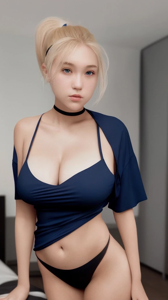 24yo, a beautiful blonde women, hair in ponytails, wearing a white oversize Tshirt and short black pants, watch the audience behind the bed,, long shot camera, flawlessly face, big breast, exposed her shoulder, strapless), show cleavage, dark theme, smoothing tones, muted colors, high contrast, natural skin texture, hyperrealism, soft light, sharp, retro, Dark Blue. Show big thigh, Closing mouth. Polaroid.
Ultra hD, 16k, high quality, equisitely