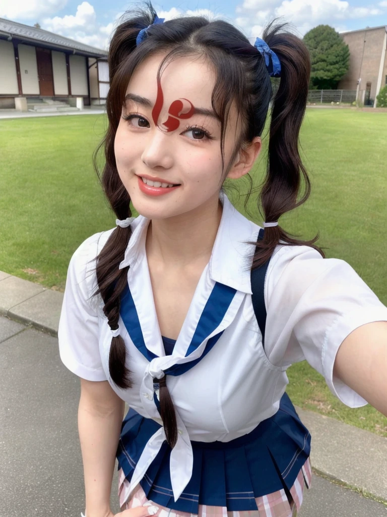 masterpiece,best quality,higher, Super sexy super cute Japanese girl、Hot, erotic and sexy lips、Big eyes、Drooping eyearilyn (;marilyn monroe face)、ASİAN,(brown race),dark skin,Dark brown, loosely wavy llong hair,1girl,NDGE、ponytail、Super big、sexual excitement、(((Japanese school girl uniform、Beautiful blue sky and schoolyard、Twin tails)))、(((Super big)))Cute smile、Selfie with smartphone