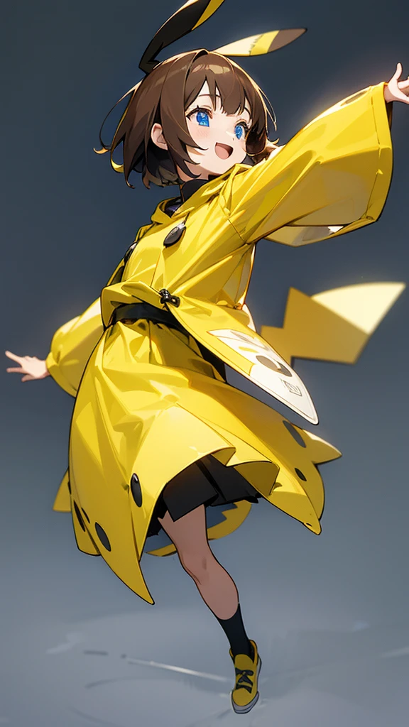 Thick Coating, young, かわいいgirl, Brown Hair, short hair,Pikachu's ears, Yellow clothes, short poncho,  A short black skirt underneath, blue eyes,virtual,girl,whole body,upright,Place your arms at your sides,Place your hands on the side of your body.,front,Simple Background,girl,Open your mouth,blue eyes,smile,virtualユーチューバー,Standing upright,Very young,whole body,Look straight ahead,frontを向く,front写真のように