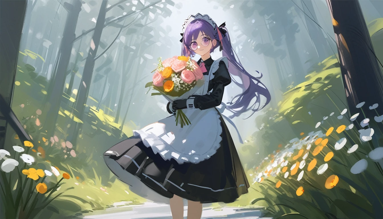 Ciloranko, wlop, 1girl, 独奏, flower, bouquet, purple eyes, maid headdress, looking at viewer, maid, apron, full body, long hair, twintails, holding, white background, long sleeves, holding bouquet, dress, bow, juliet sleeves, puffy sleeves, blush, Spring Flowering Forest, parted lips, frills, ribbon, two side up, hair bow, maid apron one girl, super high quality, Super Detail, Super Detailed image, long hair, looking at viewer, skirt, shirt, hair ornament, violet eyes,black gloves, round glasses, long sleeves,violet hair, round glasses, Flat Chest, smile