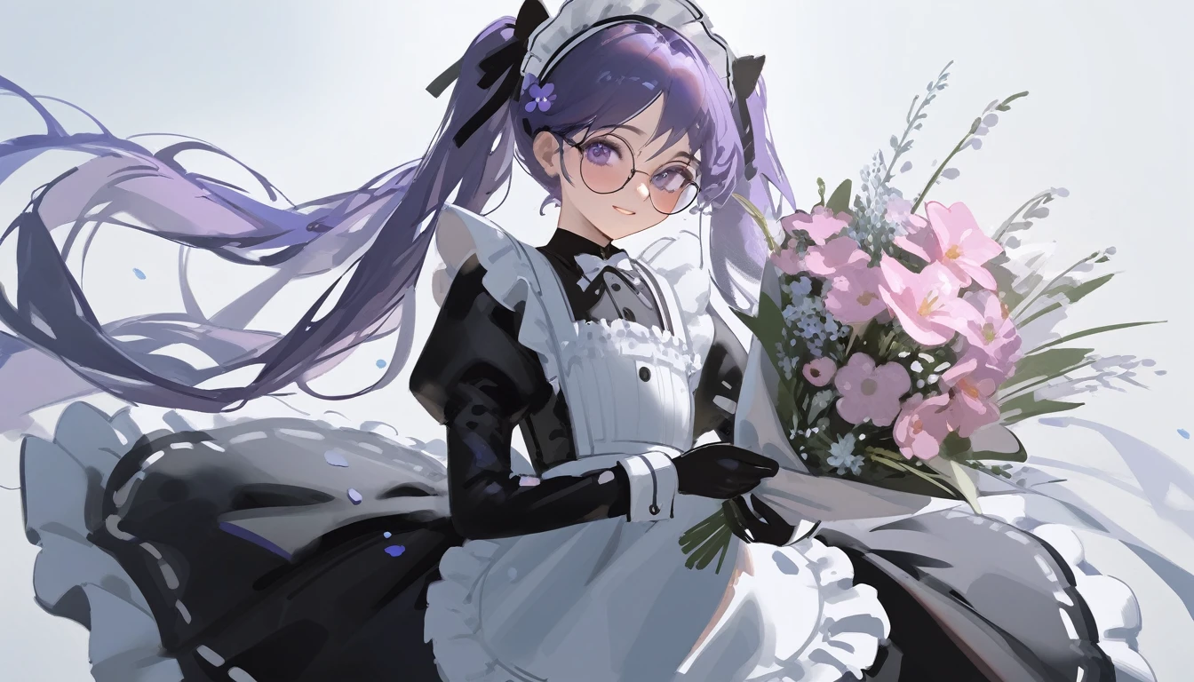 Ciloranko, wlop, 1girl, 独奏, flower, bouquet, purple eyes, maid headdress, looking at viewer, maid, apron, full body, long hair, twintails, holding, white background, long sleeves, holding bouquet, dress, bow, juliet sleeves, puffy sleeves, blush, Spring Flowering Forest, parted lips, frills, ribbon, two side up, hair bow, maid apron one girl, super high quality, Super Detail, Super Detailed image, long hair, looking at viewer, skirt, shirt, hair ornament, violet eyes,black gloves, round glasses, long sleeves,violet hair, round glasses, Flat Chest, smile
