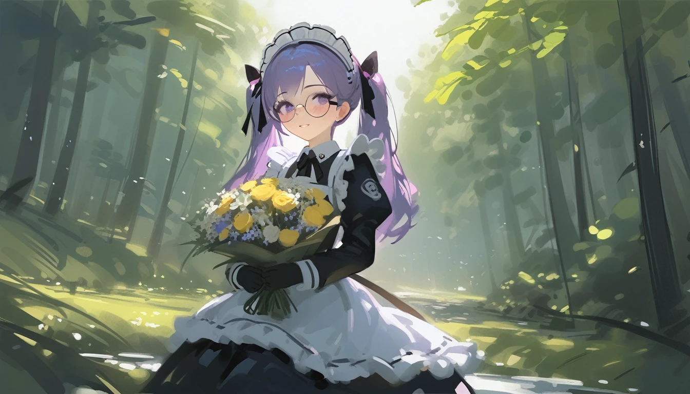 Ciloranko, wlop, 1girl, 独奏, flower, bouquet, purple eyes, maid headdress, looking at viewer, maid, apron, full body, long hair, twintails, holding, white background, long sleeves, holding bouquet, dress, bow, juliet sleeves, puffy sleeves, blush, Spring Flowering Forest, parted lips, frills, ribbon, two side up, hair bow, maid apron one girl, super high quality, Super Detail, Super Detailed image, long hair, looking at viewer, skirt, shirt, hair ornament, violet eyes,black gloves, round glasses, long sleeves,violet hair, round glasses, Flat Chest, smile