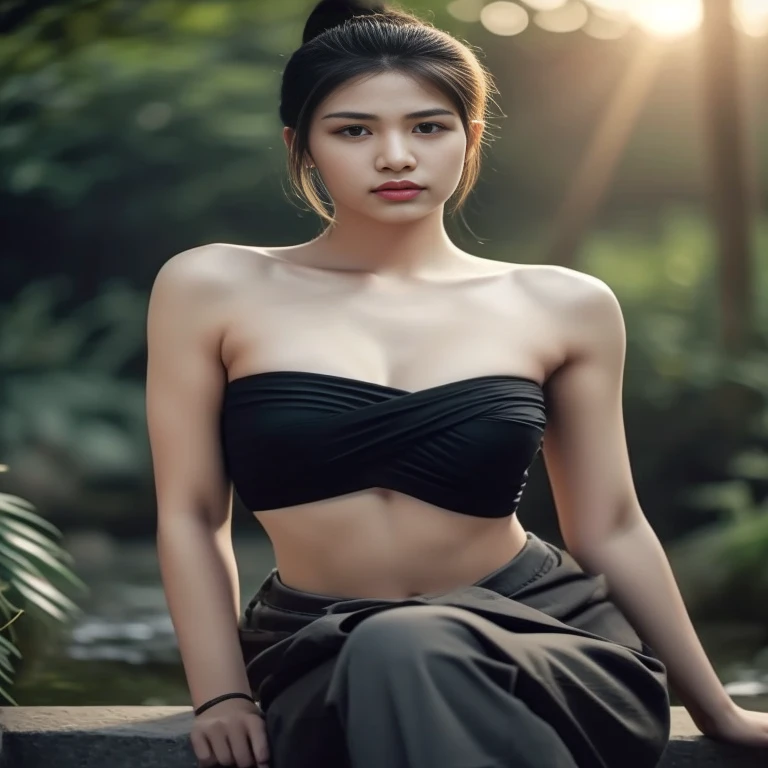 ภาพระยะใกล้ของผู้หญิงlong hairชาวเอเชียตะวันออกเฉียงใต้ที่มีใบหน้ากลม, Chinese girl, beautiful asian girl,Cute young Korean face, Chinese woman, korean woman, asian woman, ผมหางม้า long hair,float up,)) black eyes,abdominal muscles, shiny body, Overflowing breasts, Big nipples overflowing., morning sun, staring at the viewer, (sexy poses), ((face details)), Double eyelids, realistic, Masterpiece, Highest quality, lens flare, shade, [[Chromatic aberration, digital painting, 8K, 45,000,000,000 pixels, Thai chat set, Strapless top, long hair,black eyes,abdominal muscles, plump body, rounded chest, (digital painting, HDR, high contrast