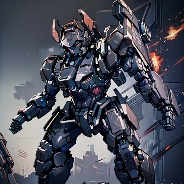 Masterpiece, best quality, high quality, 4K, perfect illustration, An all Black Mecha boy, Black bow on his hand with Red arrow, standin in city on fire, Night, stars on the sky, Full Moon