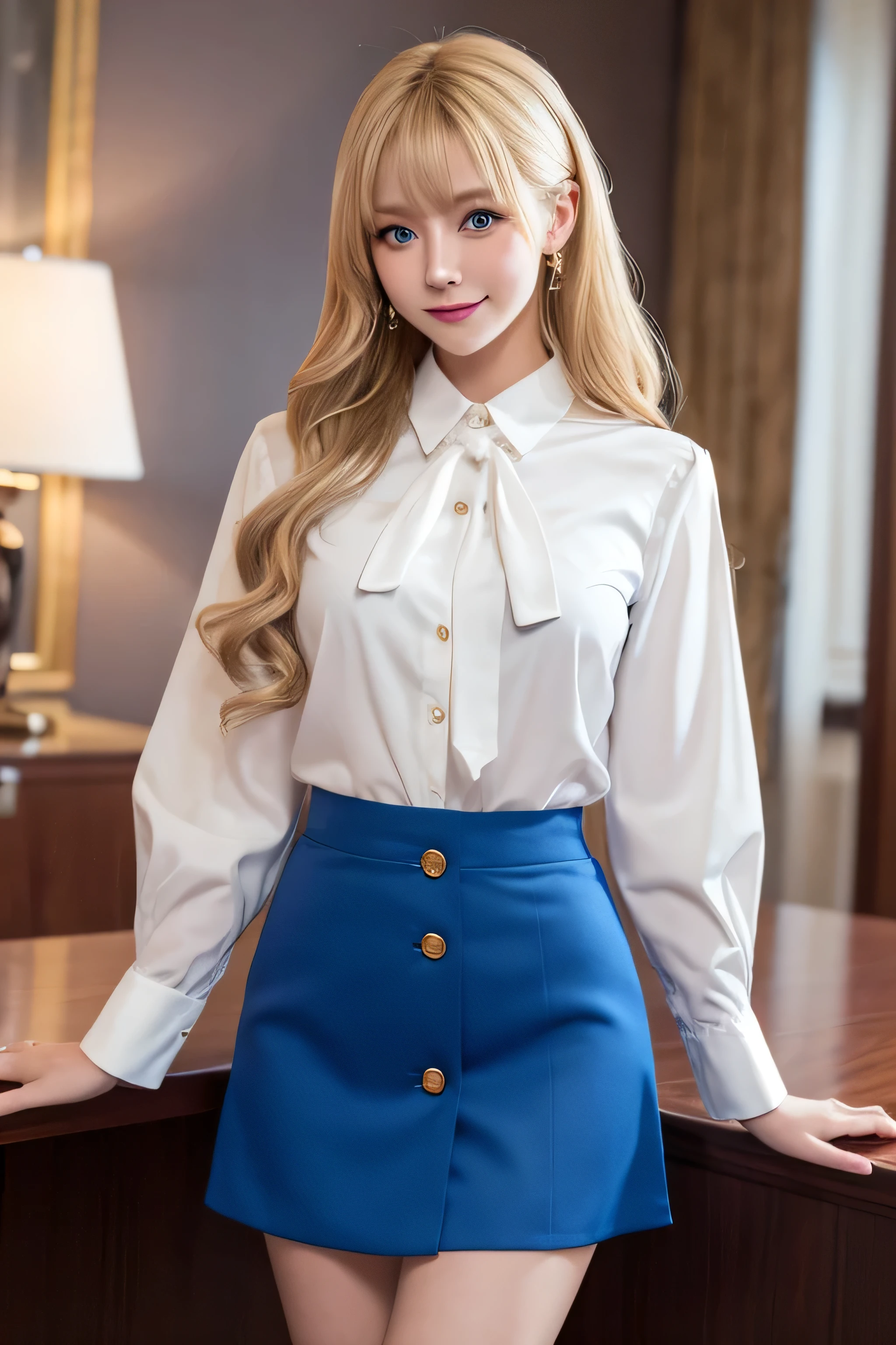 8K,Bushy blonde adult woman,so beautiful(Like the real thing), Big smile, elegant, Long nails, Hairstyle, Beautiful expression,blue eyes, Messy, I am proud, absurdes, Elegant dress,Cowboy Shot, Portraiture, (Highest quality), (Tabletop), (Very detailed), masterpiece,Highest quality photorealistic RAW photos。Backlight, Cinema Lighting, Film Grain, to be born, 50MM lens, Nikon D850,Ultra-Realistic Skin,Fantasy art,Character Art,Ultra-high resolution,Perfect hands,Compensate,white long sleeve button up blouse with ribbon tie_blue flared mini skirt、Long golden Hair reaching down to the waist、full figure supermodel standing, entire body in frame、Hotel reception background, Blurred Background