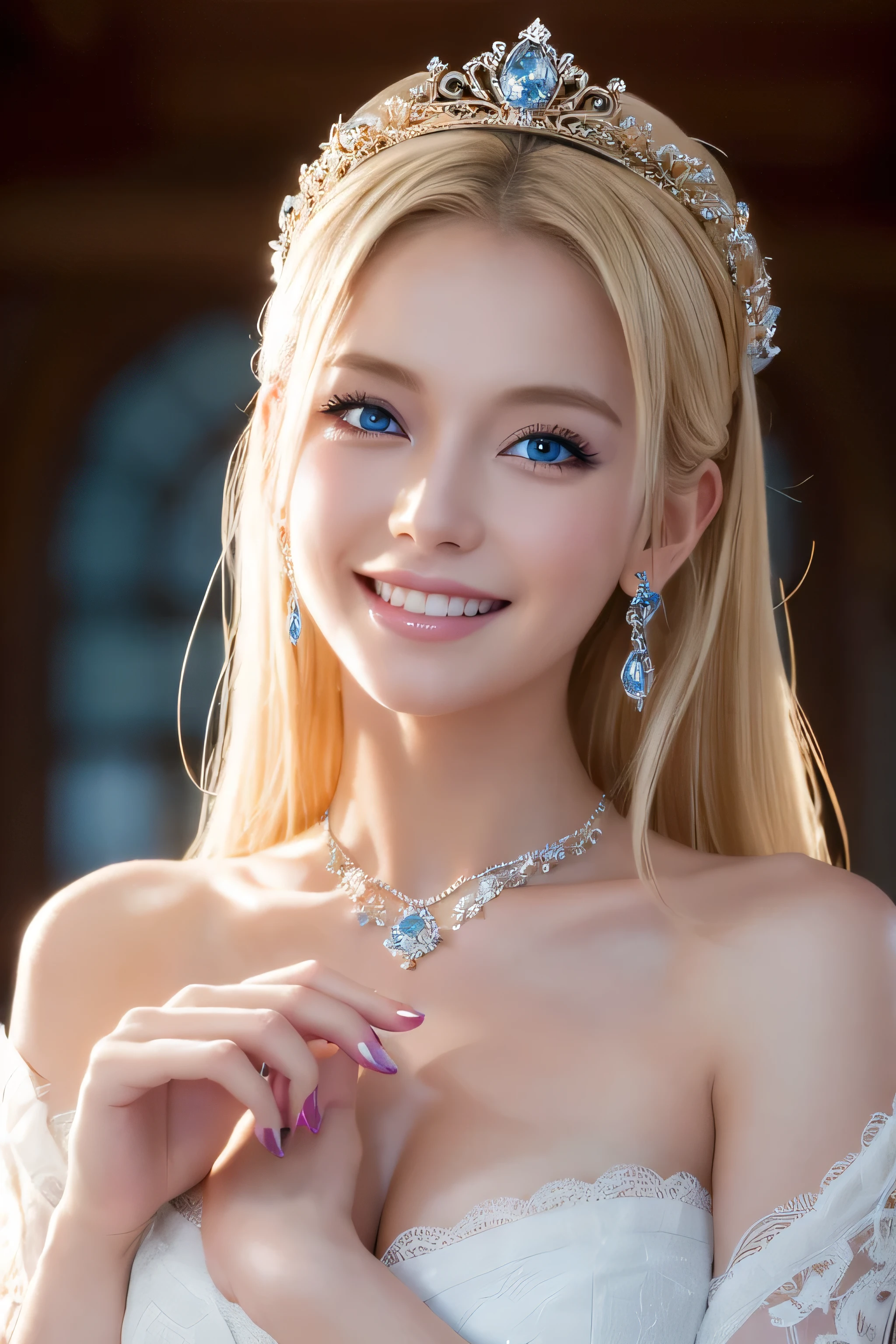 8K,Bushy blonde adult woman,so beautiful(Like the real thing), Big smile, elegant, Red dress, The enchanting aristocrat, silver element, Long nails, Expose your shoulders, Hairstyle, Beautiful expression,blue eyes, Messy, I am proud, absurdes, Elegant dress, Royalty, celebration, Hall decorated with flowers, Cowboy Shot, Portraiture, (Highest quality), (Tabletop), (Very detailed), masterpiece,Highest quality photorealistic RAW photos。Backlight, Cinema Lighting, Film Grain, to be born, 50MM lens, Nikon D850,Ultra-Realistic Skin,Fantasy art,Character Art,Ultra-high resolution,A slender, muscular man,Perfect hands,Compensate,Bust shot close-up,Dynamic pose,