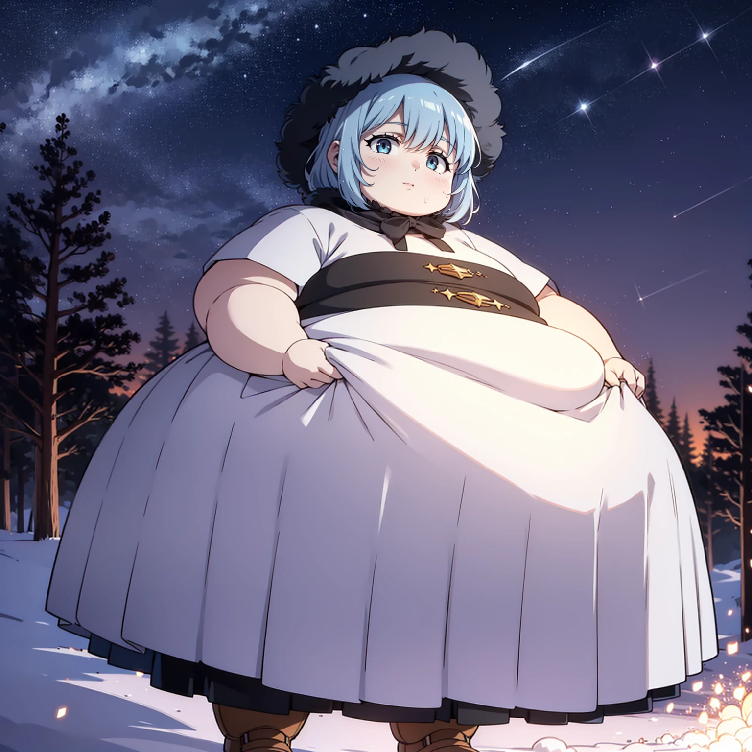 The background is a city., perfect by white girl, loli in dress, by white, by white god, cute anime waifu with beautiful clothes, hoary, best anime wallpaper 4k konachan, little obese loli, guvez in Pixiv ArtStation, by white girl, night, standing on a tree, looking at the stars, super detailed face,