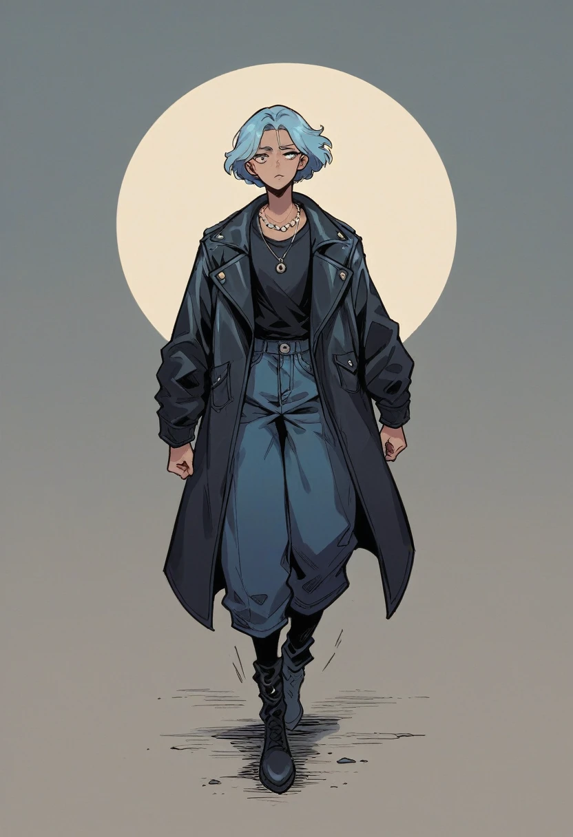 A hunter black cat his eyes are blowing blue colour wearing leather's clothes white and blue necklace oh his neck. Dark background. (Dark place) full body cats walking in night time ((showing few long distance )) (dark background seen )