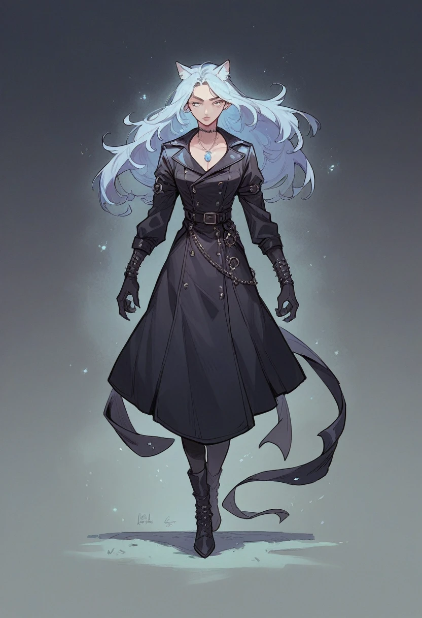 A hunter black cat his eyes are blowing blue colour wearing leather's clothes white and blue necklace oh his neck. Dark background. (Dark place) full body cats walking in night time ((showing few long distance )) (dark background seen )