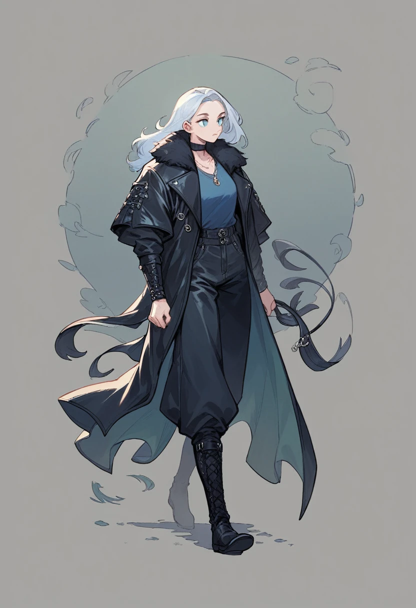 A hunter black cat his eyes are blowing blue colour wearing leather's clothes white and blue necklace oh his neck. Dark background. (Dark place) full body cats walking in night time ((showing few long distance )) (dark background seen )