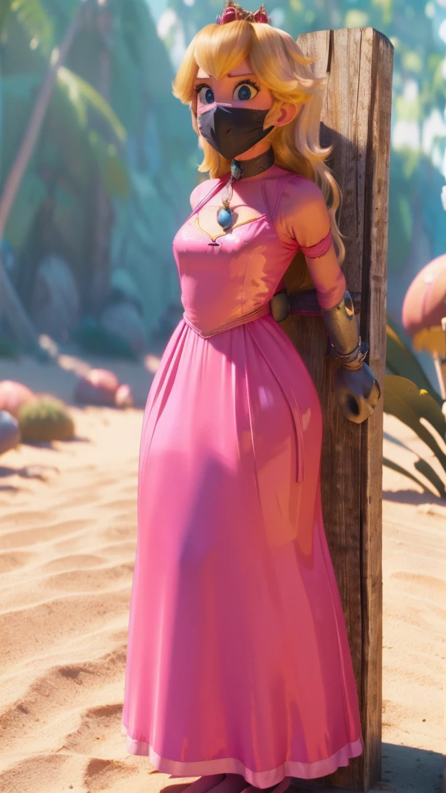 Princess Peach, (wearing a pink dress), huge breasts, upper body, masterpiece,8k, best quality, good hands,good eyes, pixarstyle, 1girl, solo, style,parody,3d,long hair, detail hair, blonde hair, maximum detail, intricate detail, extremely clear, beach, nsfw, smile, shy, blush, embaressed, ((long hair)), (tall girl), (solo, 1 girl), ((shibari, arms behind back : 1.4)) , ( full face otn gag mask), (full body view),((toes to head view)), ((complete body view photo)), ((standing)), Scared, (Skinny), view the viewer, ((shibari, bound arms, arms back behind:1.4)), ((tied in a wood pole)), ((wood pole)), ((tight full face latex mask)), (otn gag), gagged, (tight latex mask), (black mask), day light, ((she wears a black mask with a mouth printed on it))