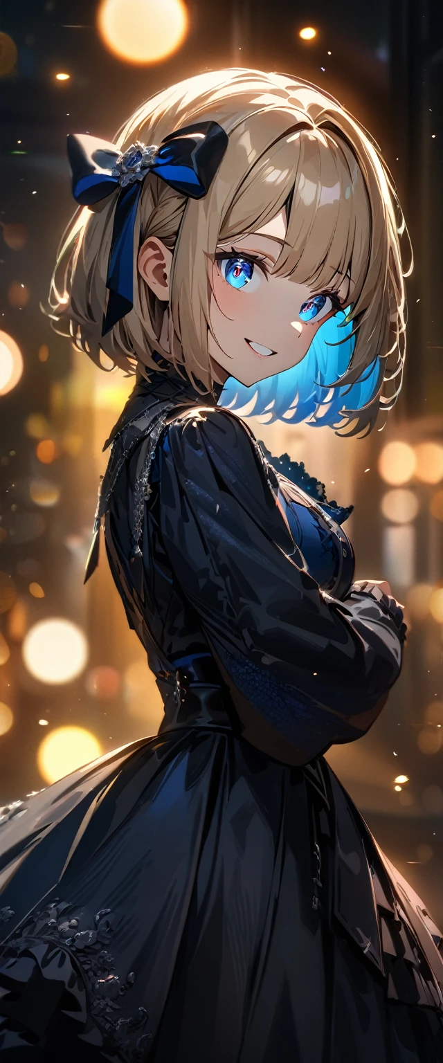 (((One girl))), Shibuya, blond hair, bob cut, (looking at viewer), breasts, teenager, head tilt:1.3, (((blue eye))), constricted pupils, (from side:1.3), ((happy smile)), gothic lolita:1.3, hair ornament, hair ribbon, anime style, (best quality, 4k, 8k, highres, masterpiece:1.2, ultra-detailed, ultra-detailed eyes, HDR, UHD, studio lighting, ultra-fine painting, sharp focus, physically-based rendering, extreme detail description, professional, vivid colors, bokeh)