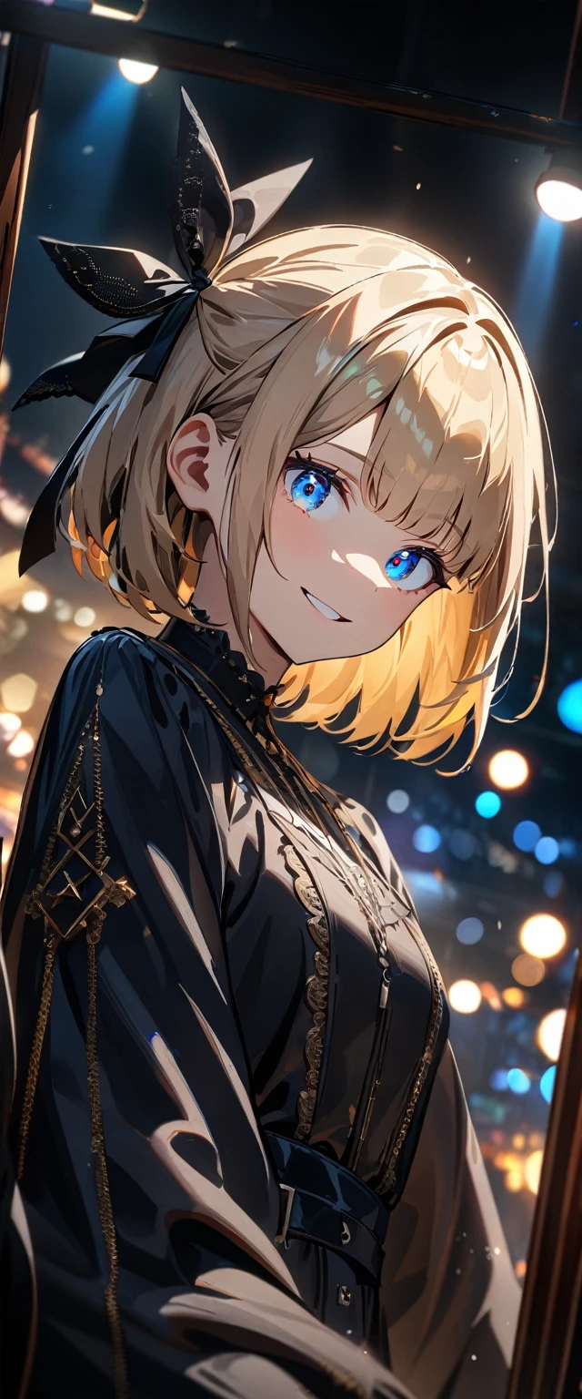 (((One girl))), Shibuya, blond hair, bob cut, (looking at viewer), breasts, teenager, head tilt:1.3, (((blue eye))), constricted pupils, (from side:1.3), ((happy smile)), gothic lolita:1.3, hair ornament, hair ribbon, anime style, (best quality, 4k, 8k, highres, masterpiece:1.2, ultra-detailed, ultra-detailed eyes, HDR, UHD, studio lighting, ultra-fine painting, sharp focus, physically-based rendering, extreme detail description, professional, vivid colors, bokeh)