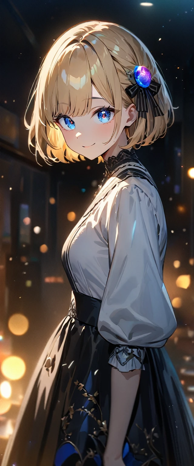 (((One girl))), Shibuya, blond hair, bob cut, (looking at viewer), full body, breasts, teenager, head tilt:1.3, (((blue eye))), constricted pupils, (from side:1.3), ((happy smile)), gothic lolita:1.3, hair ornament, hair ribbon, anime style, (best quality, 4k, 8k, highres, masterpiece:1.2, ultra-detailed, ultra-detailed eyes, HDR, UHD, studio lighting, ultra-fine painting, sharp focus, physically-based rendering, extreme detail description, professional, vivid colors, bokeh)