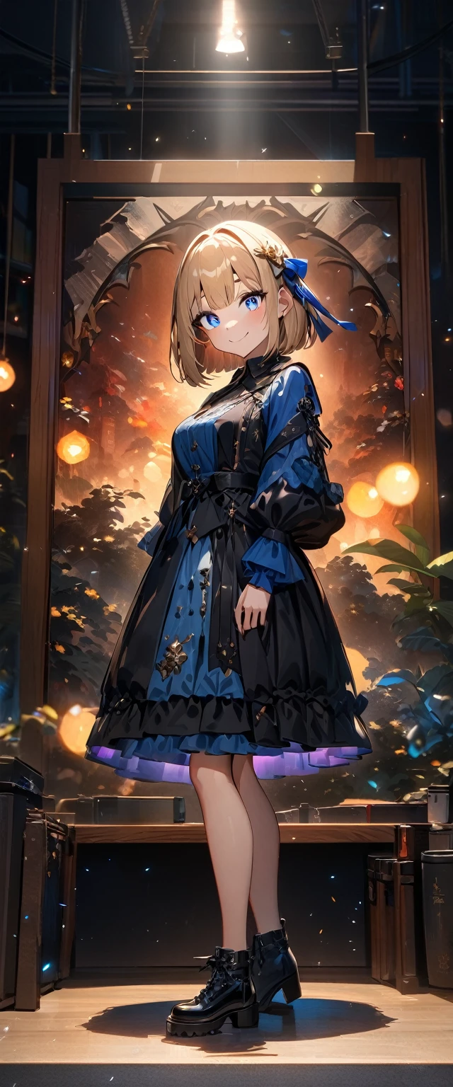 (((One girl))), Shibuya, blond hair, bob cut, (looking at viewer), full body, breasts, ager, head tilt:1.3, (((blue eye))), constricted pupils, (from side:1.3), ((happy smile)), gothic loli.3, hair ornament, hair ribbon, anime style, (best quality, 4k, 8k, highres, masterpiece:1.2, ultra-detailed, ultra-detailed eyes, HDR, UHD, studio lighting, ultra-fine painting, sharp focus, physically-based rendering, extreme detail description, professional, vivid colors, bokeh)