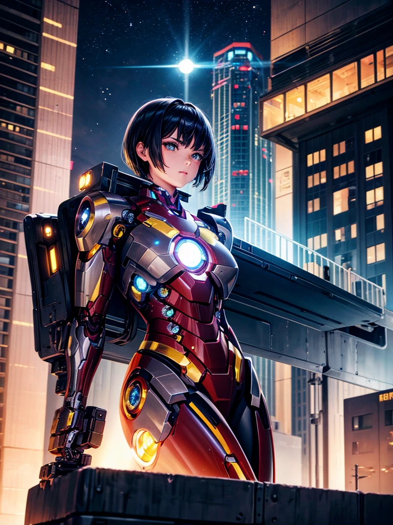 Highest quality,Highest Resolution,beautiful girl,Black Iron Man-like android,metallic,Mechanic,cyborg,Future city at night,Short black hair,whole body,Ride on a futuristic machine and drive,Move,