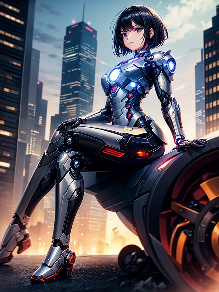 Highest quality,Highest Resolution,beautiful girl,Black Iron Man-like android,metallic,Mechanic,cyborg,Future city at night,Short black hair,whole body,Ride on a futuristic machine and drive,Move,