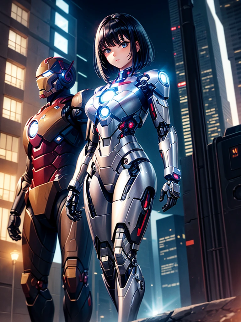 Highest quality,Highest Resolution,beautiful girl,Black Iron Man-like android,metallic,Mechanic,cyborg,Future city at night,Short black hair,whole body,Ride on a futuristic machine and drive,Move,