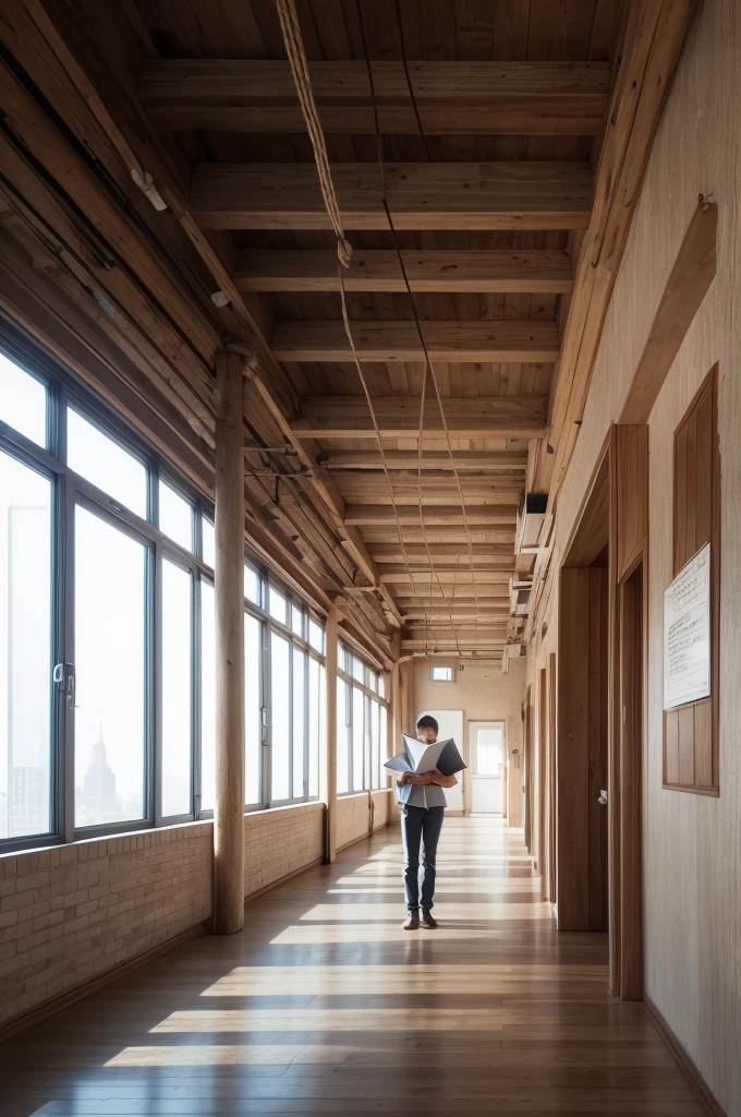 Create an image balancing and reading a book on a rope in the building