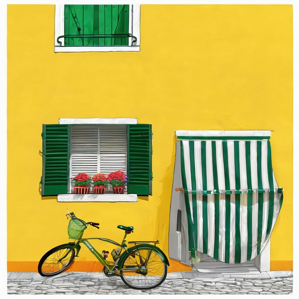 masterpiece, ultra detailed, beautiful, distinct, best aesthetic, super fine illustration, vibrant yellow wall, green shutters, striped awning, red flower pot, windowsill, orange bicycle, cobblestone ground, bright colors, vivid architecture, simple bicycle, #drawing style: Mixed Media #painting method: Impasto, pointier painting method, pointillism technique, repoussoir, Sfumato, Detailing oil pastel art, impressionism, Van Gogh style, Detailing digital painting