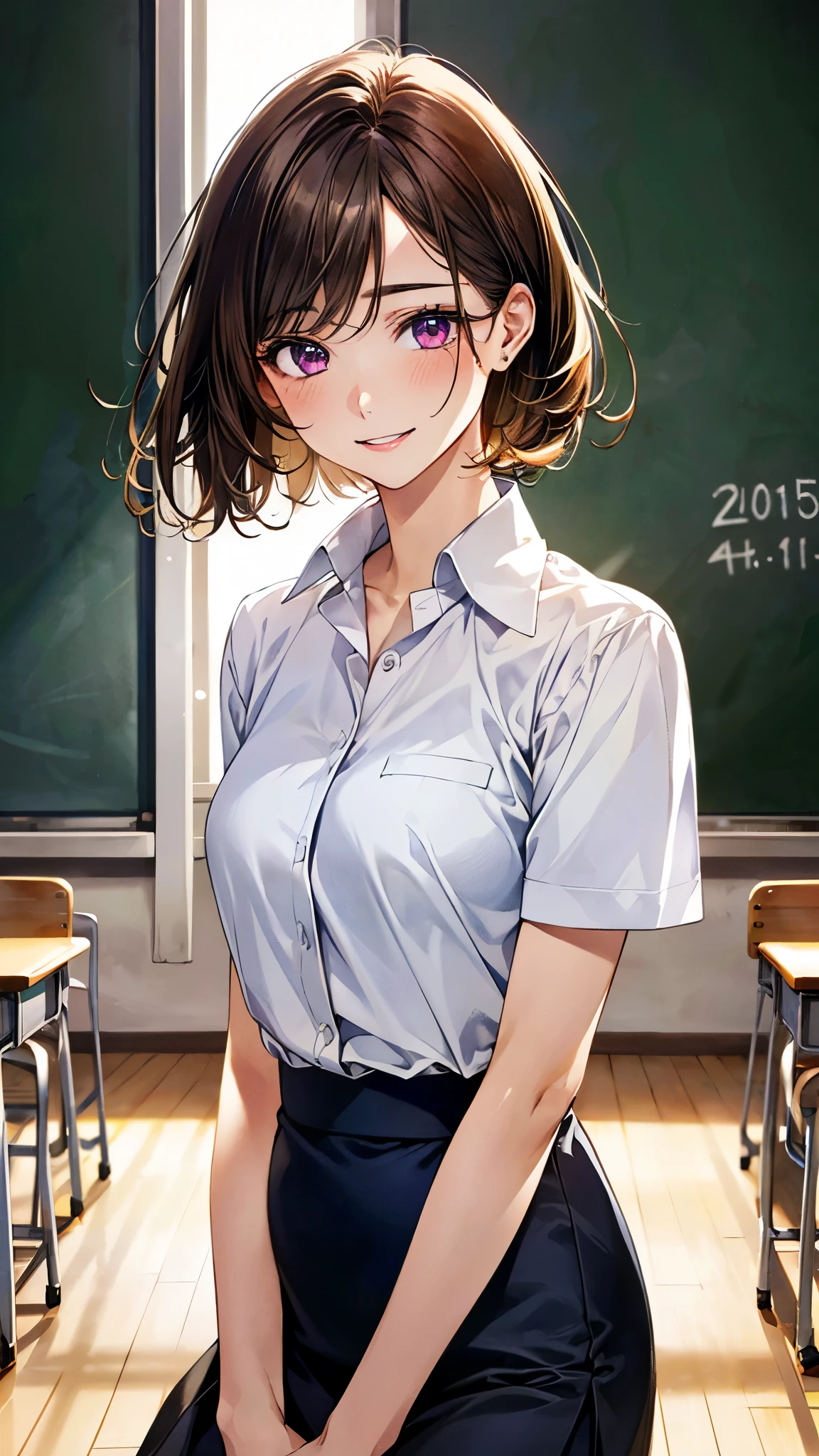 (masterpiece:1.2, top-quality, ultra high res, ultra detailed), (realistic, photorealistic:1.4), beautiful illustration, perfect lighting, natural lighting, colorful, depth of fields,
beautiful detailed hair, beautiful detailed face, beautiful detailed eyes, beautiful clavicle, beautiful body, beautiful chest, beautiful thigh, beautiful legs, beautiful fingers,
looking at viewer, 1 girl, high school teacher, 22 years old, perfect face, (perfect anatomy, anatomically correct), cute and symmetrical face, babyface, , shiny skin,
(short hair:1.5, okappa, brown hair), swept bangs, dark purple eyes, slant eyes, big eyes, long eye lasher, (medium breasts), slender,
(navy outfit, navy tight skirt suit, short sleeve collared white shirt),
(beautiful scenery), evening, (school classroom:1.1, blackboard, vase, blackboard eraser, chalk), (self-introduction, cute smile),