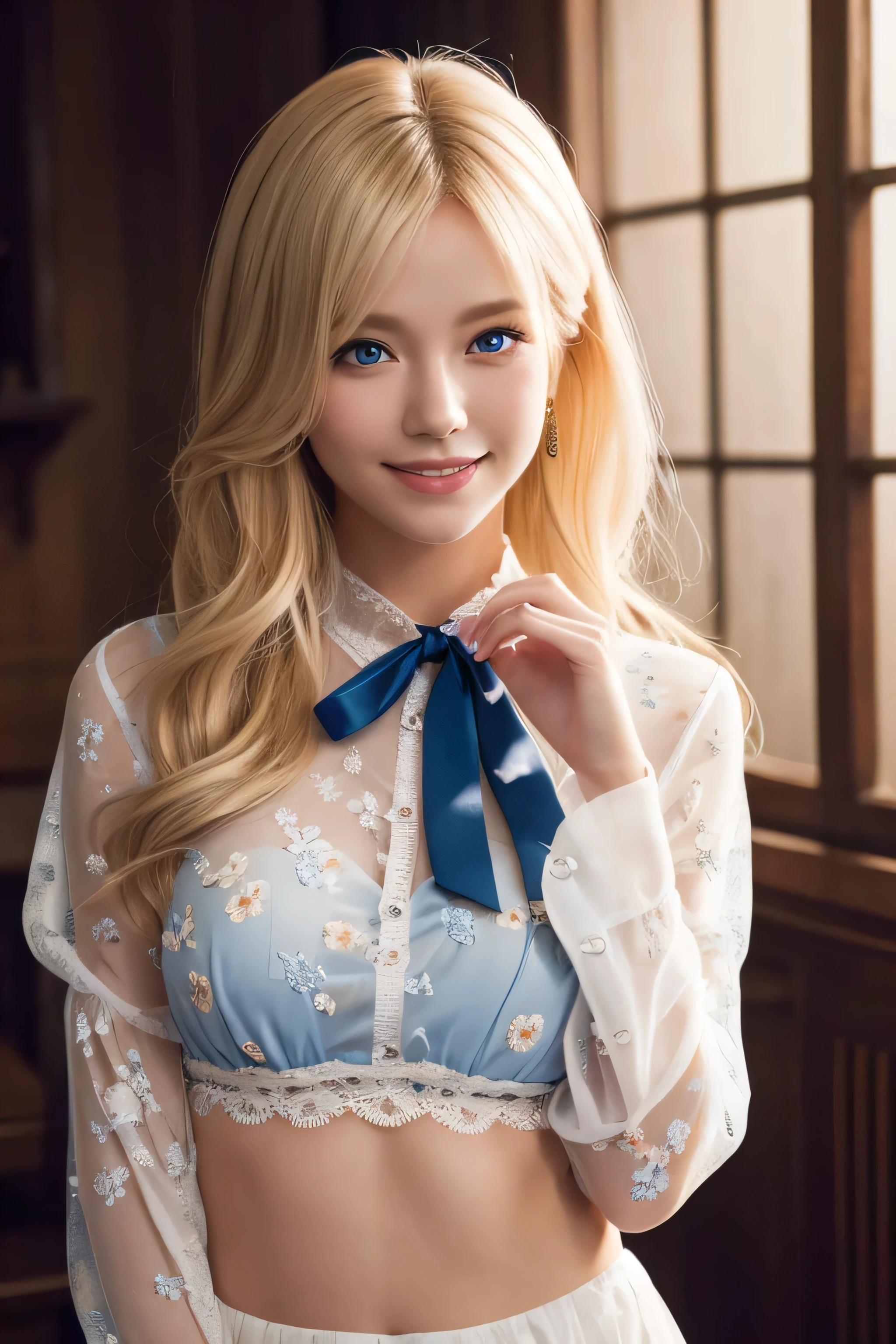 8K,Bushy blonde adult woman,so beautiful(Like the real thing), Big smile, elegant, Long nails, Hairstyle, Beautiful expression,blue eyes, Messy, I am proud, absurdes, Elegant dress,Cowboy Shot, Portraiture, (Highest quality), (Tabletop), (Very detailed), masterpiece,Highest quality photorealistic RAW photos。Backlight, Cinema Lighting, Film Grain, to be born, 50MM lens, Nikon D850,Ultra-Realistic Skin,Fantasy art,Character Art,Ultra-high resolution,Perfect hands,Compensate,wearing Floral blouse with ribbon tie_long see-through sleeves