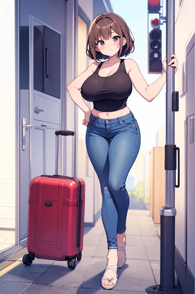 Young anime milf, short wavy brown hair, short brown hair, full body, big tits, big breasts, big thighs, big waist, thick legs, thicc legs, small feet, , small, short sexy body, curvy body, curvous body, slight abs, curvy legs, slight abs, voluptous body, tight jeans, tight sleeveless tank top, cute