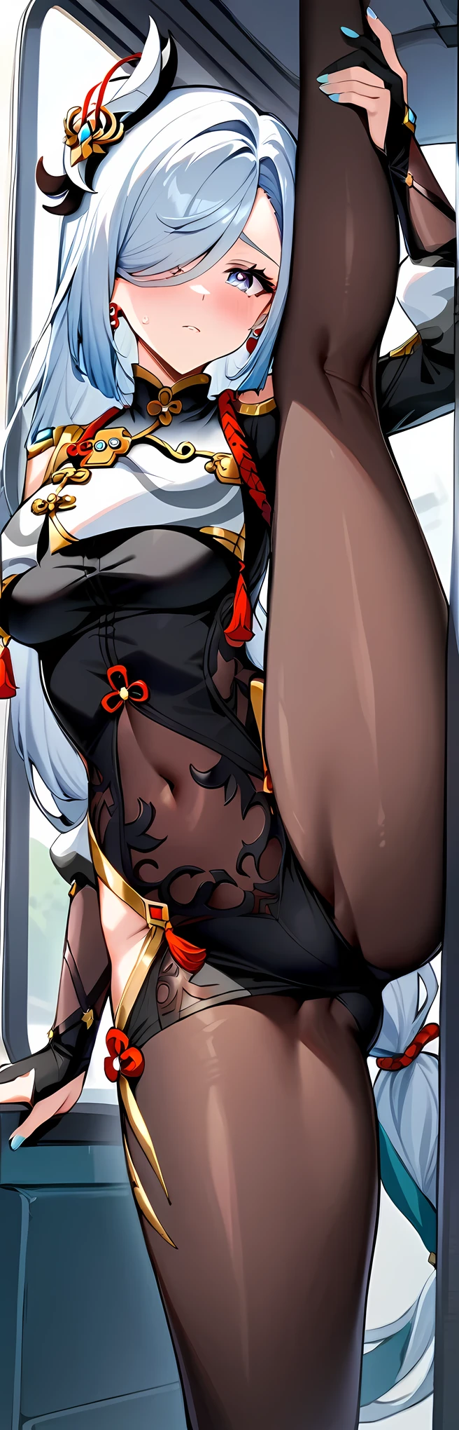 masterpiece, best quality, very aesthetic, absurdres, newest, 1girl, lace  boxer_shorts, solo,standing_split,tears in eyes,embarrassed, ,shenhe_(genshin_impact), genshin_impact, 1girl, aqua_nails, black_bodysuit, bodysuit, breast_curtain, chinese_knot, clothing_cutout, covered_navel, earrings,  gloves, grey_eyes, hair_over_one_eye, hip_vent, jewelry, long_hair, low-braided_long_hair, low-tied_long_hair, nail_polish, partially_fingerless_gloves, shoulder_cutout,  tassel, tassel_earrings, toenail_polish, toenails, white_hair,,in a bus