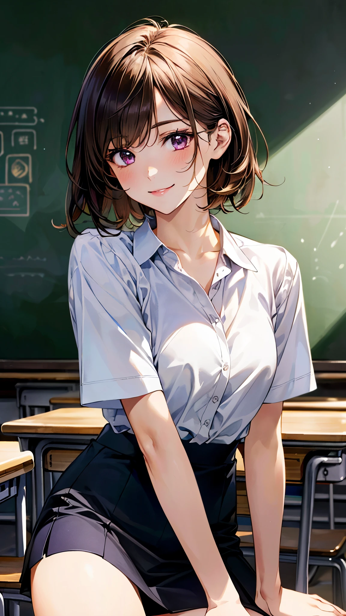 (masterpiece:1.2, top-quality, ultra high res, ultra detailed), (realistic, photorealistic:1.4), beautiful illustration, perfect lighting, natural lighting, colorful, depth of fields,
beautiful detailed hair, beautiful detailed face, beautiful detailed eyes, beautiful clavicle, beautiful body, beautiful chest, beautiful thigh, beautiful legs, beautiful fingers,
looking at viewer, 1 girl, high school teacher, 22 years old, perfect face, (perfect anatomy, anatomically correct), cute and symmetrical face, babyface, , shiny skin,
(short hair:1.5, okappa, brown hair), swept bangs, dark purple eyes, slant eyes, big eyes, long eye lasher, (medium breasts), slender,
(navy outfit, navy tight skirt suit, short sleeve collared white shirt),
(beautiful scenery), evening, (school classroom:1.1, blackboard, vase, blackboard eraser, chalk), (self-introduction, cute smile),