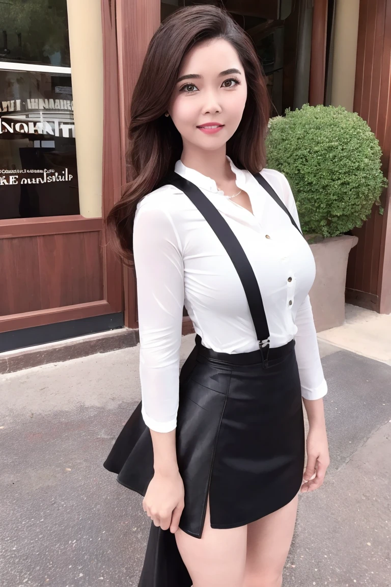 (best quality, high quality, sharp focus:1.4), Kieu, big breasts, full body, slender, full face, asian beautiful woman, shirt, empty street, (black skirt with suspenders:1.2), black skirt