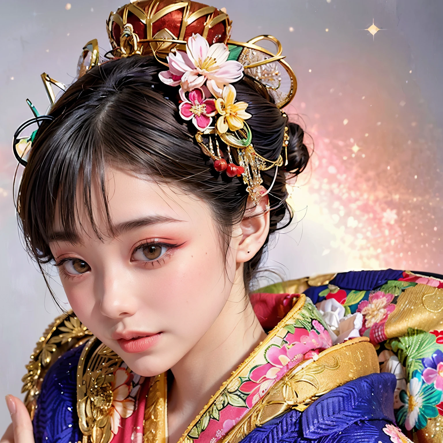 (PUNIPUNI clavicle KIMONO ((offshoulder)) KANZASHI FlowerHairpins Topknot TwinBun Oiran-Hair)High-level, 8K Masterpiece TopQuality, Ultra-detailed CG, Absurd detailed wallpaper, PerfectLighting, Extremely detailed (((Personifying " OIRAN " as a KAWAII Girl))), Characteristic Items, aesthetic LifeLike Rendering, MysticSight, Haze Tyndall Scattering, (Studio GRAY Background with (Oodles Dazzling Iridescent 🌈Particles (BokeH))), (((Assfocus)) RoundlyButt) ThighGap, (Exposed:0.44) 🔞 BREAK (Acutance:0.8), (NOGIZAKA FaceVariations) Extremely Detailed very KAWAII FaceVariations, Childish CaptivatingGaze ElaboratePupils ParfectEyes with (SparklingHighlights:1.28), (Voluminous LongEyelashes:0.88), 💄💋✨ GlossyRedLips with BeautifulDetails, CoquettishTongue, PUNIPUNI RosyCheeks, Radiant PearlSkin with Transparency, Glowing DowneyHair . { (Dynamic LifeLike expressions:1.4) | (:d) }, (large eyes:-1) .
