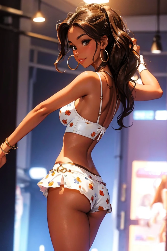 (masterpiece), best quality, expressive eyes, perfect face, nightclub background), (standing), (smirk), (closeup view), (1girl, vanessa alessia, dark skin, tanned skin, brown hair, wavy hairstyle, brown eyes, hourglass figure, thin body, skinny body, petite_body, medium breasts, thick thighs, long fingernails, ,white shorts, print corset, thong straps, hoop earrings, miscellaneous jewelry, slutty)) (grabbing own ass)