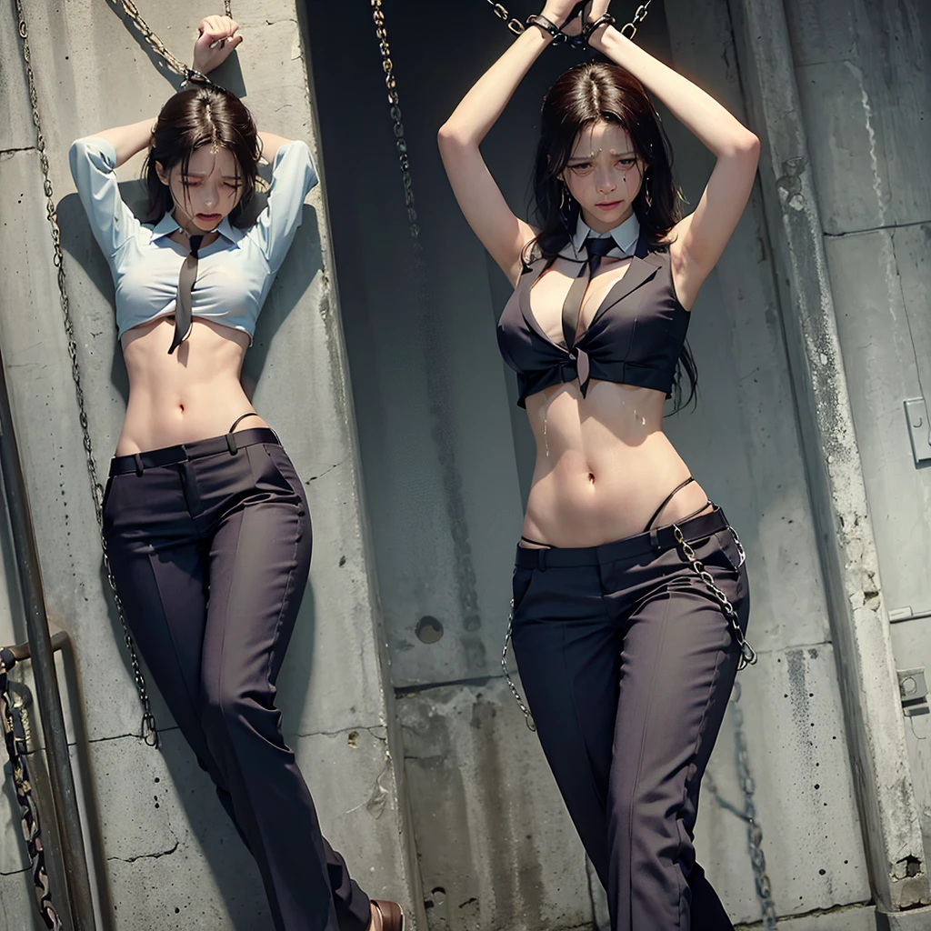 Women in Professional crop top suit, pants, walking to work, show belly, realistic bellybutton shape, necktie, ((tied up by chain,arms up,)), ((crying)),