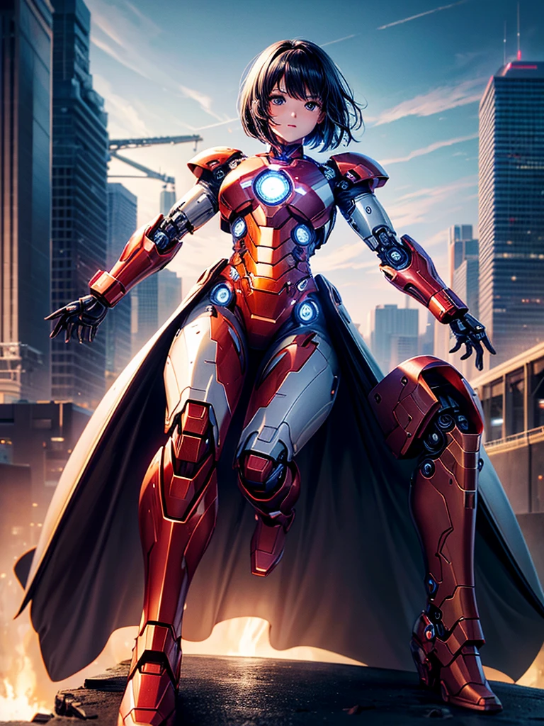 Highest quality,Highest Resolution,beautiful girl,Black Iron Man-like android,metallic,Mechanic,cyborg,Future city at night,Short black hair,whole body,Ride on a futuristic machine and drive,Move,