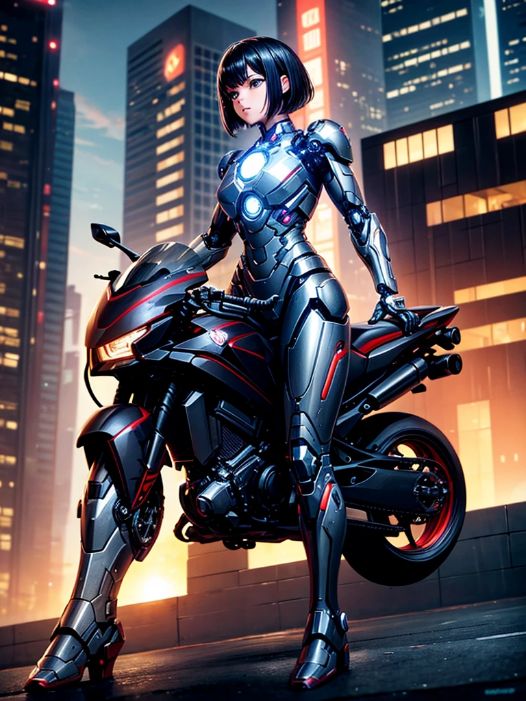 Highest quality,Highest Resolution,beautiful girl,Black Iron Man-like android,metallic,Mechanic,cyborg,Future city at night,Short black hair,whole body,Ride on a futuristic machine and drive,Move,