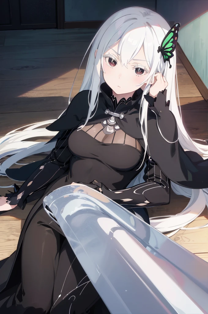 masterpiece, best quality, high resolution, best illustration, super fine illustration, (official art:1.2), anime screencap, (detailed beautiful face and eyes), anime keyvisual, (perfect anatomy:1.5), 8k portrait, (detail focus fingers:1.5), 
1girl,
Echidna, 
Echidna \(re:zero\),
long hair, 
white hair, 
(black eyes:1.2), 
butterfly hair ornament, 
small breasts, 
long black dress, black cape, 
looking at viewer, 
cowboy shot, 
natural light, background of indoor, lie on the bed, 