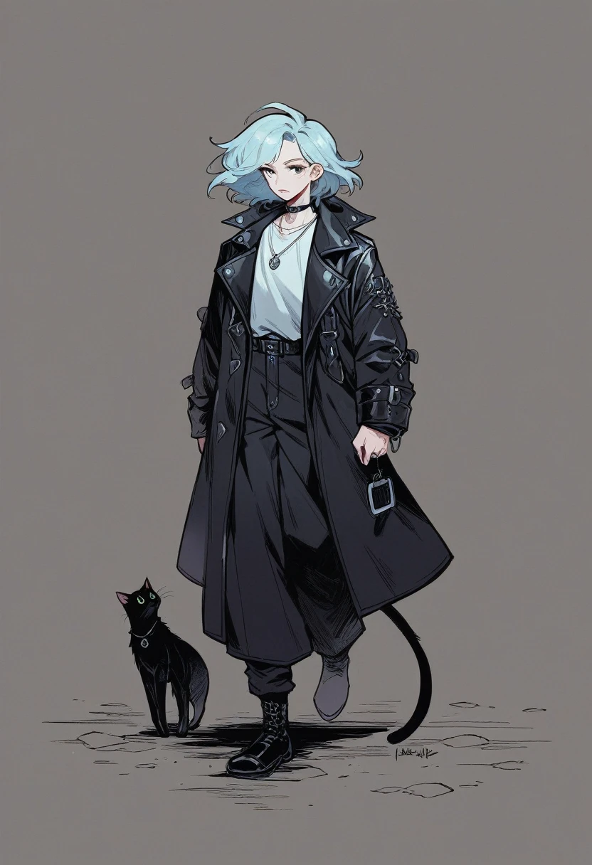 A hunter black cat his eyes are blowing blue colour wearing leather's clothes white and blue necklace oh his neck. Dark background. (Dark place) full body cats walking in night time ((showing few long distance )) (dark background seen ) real cat .