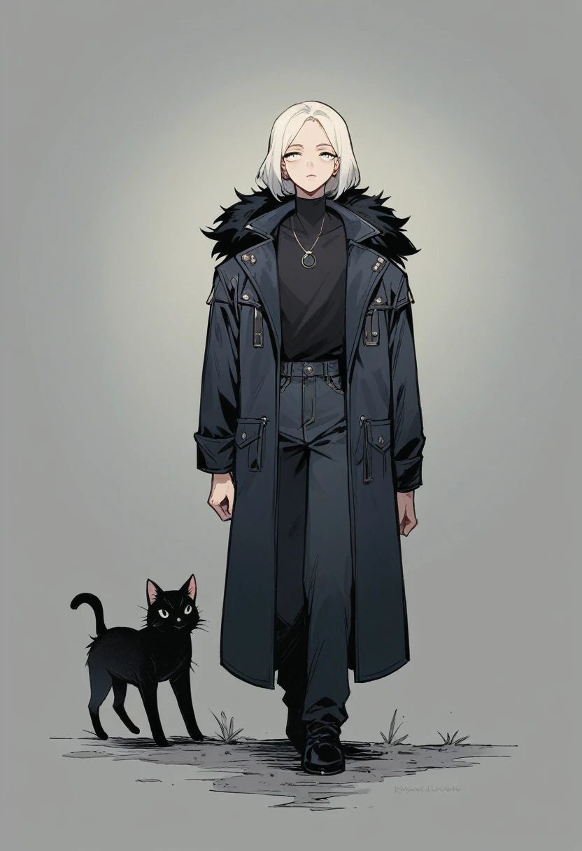 A hunter black cat his eyes are blowing blue colour wearing leather's clothes white and blue necklace oh his neck. Dark background. (Dark place) full body cats walking in night time ((showing few long distance )) (dark background seen ) real cat .